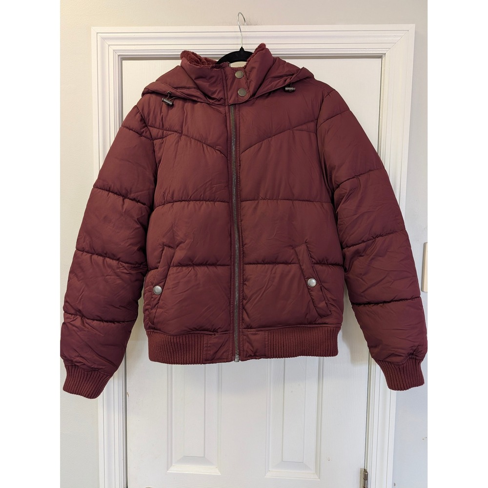 Aeropostale Womens Burgundy Puffer Jacket Faux Fur Collar Removable Hood Medium
